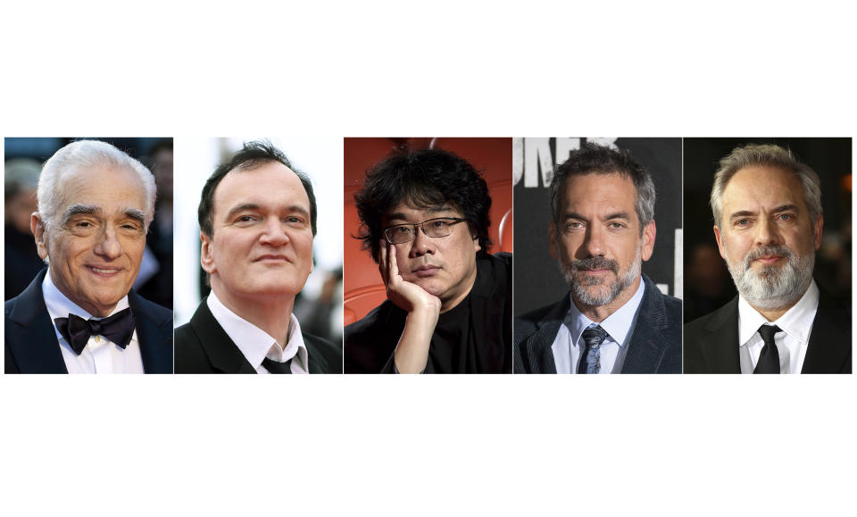 This combination photo shows best director nominees, from left, Martin Scorsese for "The Irishman," Quentin Tarantino for "Once Upon a Time...in Hollywood," Bong Joon Ho for "Parasite," Todd Phillips for "Joke" and sam Mendes for "1917." The Oscars will be held on Sunday, Feb. 9. (AP Photo)