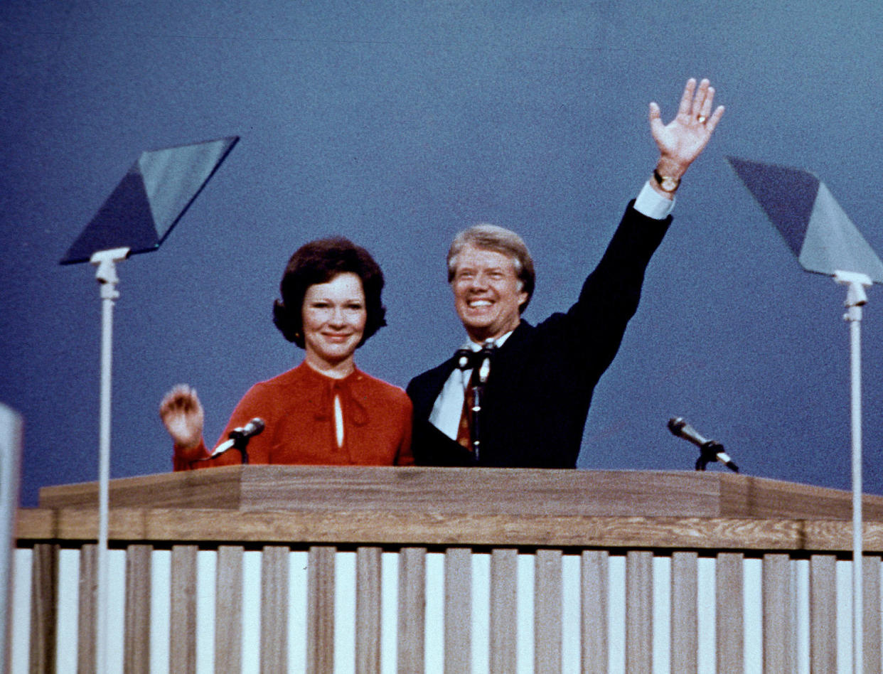 Governor Jimmy Carter, the 1976 Democratic Party nominee for President of the United States, right, and his wife Rosalynn Carter, left, acknowledge the cheers of the delegates following their acceptance speeches at the 1976 Democratic Convention. (MediaPunch Inc  / Alamy )