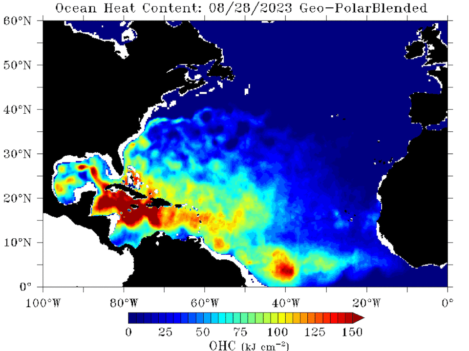 Oceanic Heat Content measures how deep warm water goes, showing the depth from the sea surface to the 26 C (78.8 F) isotherm. Idalia’s forecast path, from west of Cuba on Aug. 28, 2023, toward the Florida Panhandle, follows some of the deepest heat. <a href="https://coastwatch.noaa.gov/cwn/products/oceanic-heat-content-mixed-layer-depth-and-depths-20degc-and-26degc-isotherms.html" rel="nofollow noopener" target="_blank" data-ylk="slk:NOAA Coast Watch;elm:context_link;itc:0;sec:content-canvas" class="link ">NOAA Coast Watch</a>