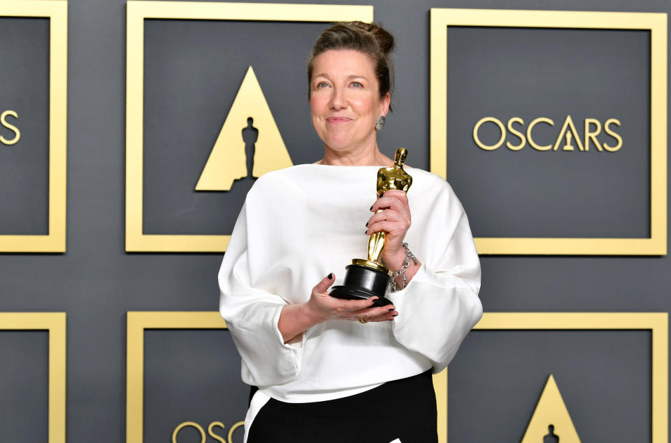 Costume designer Jacqueline Durran, winner of the Costume Design award for “Little Women,” poses in the press room during the 92nd Annual Academy Awards at Hollywood and Highland on February 09, 2020 in Hollywood, California. (Photo by Amy Sussman/Getty Images)