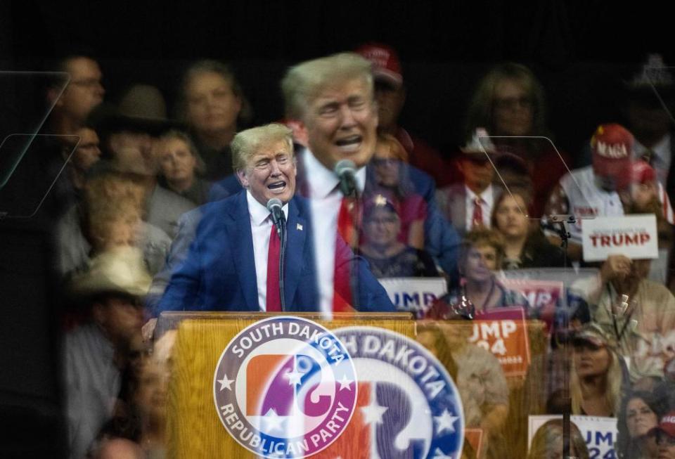 Donald Trump speaks during the South Dakota Republican party's monumental leaders rally at in Rapid City, South Dakota, on 8 September.