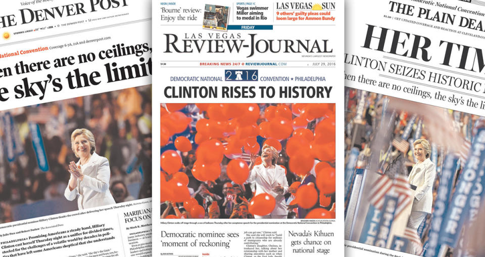 Clinton rises to history in the newspapers on final day of the DNC