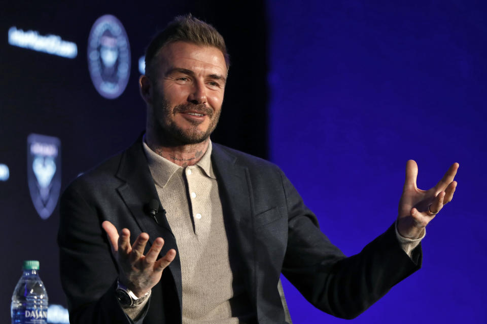 FILE - David Beckham, Inter Miami CF co-owner, is interviewed during the Major League Soccer 25th Season kickoff event in New York, in this Wednesday, Feb. 26, 2020, file photo. David Beckham bristled when asked whether Phil Neville’s was hired as Inter Miami coach because they’re buddies. “Of course, people are always going to turn around and say, oh, it’s because he’s your friend. It’s nothing to do with him being my friend,” Beckham said Friday, Jan. 22, 2021. (AP Photo/Richard Drew, FIler)