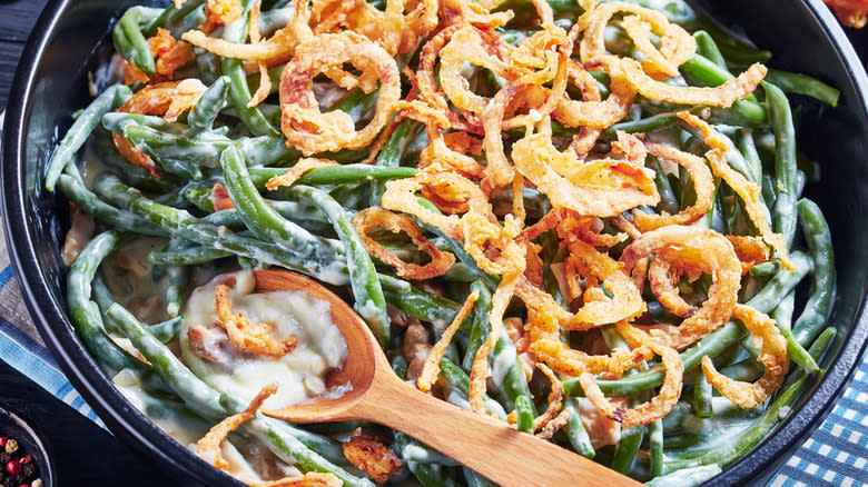 green bean casserole in metal pan