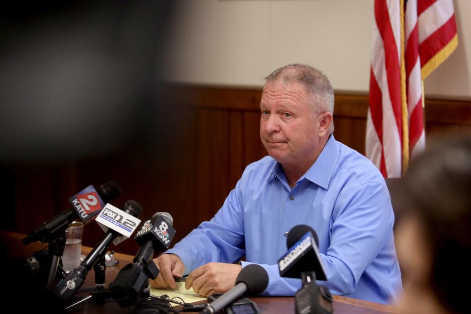 Sen. Herman E. Baertschiger Jr., R-Grants Pass, speaks at the Oregon State Capitol in Salem on June 28, 2019. He says Republican senators will return Saturday morning after they walked out more than a week ago in protest of a sweeping greenhouse gas emissions cap-and-trade bill.