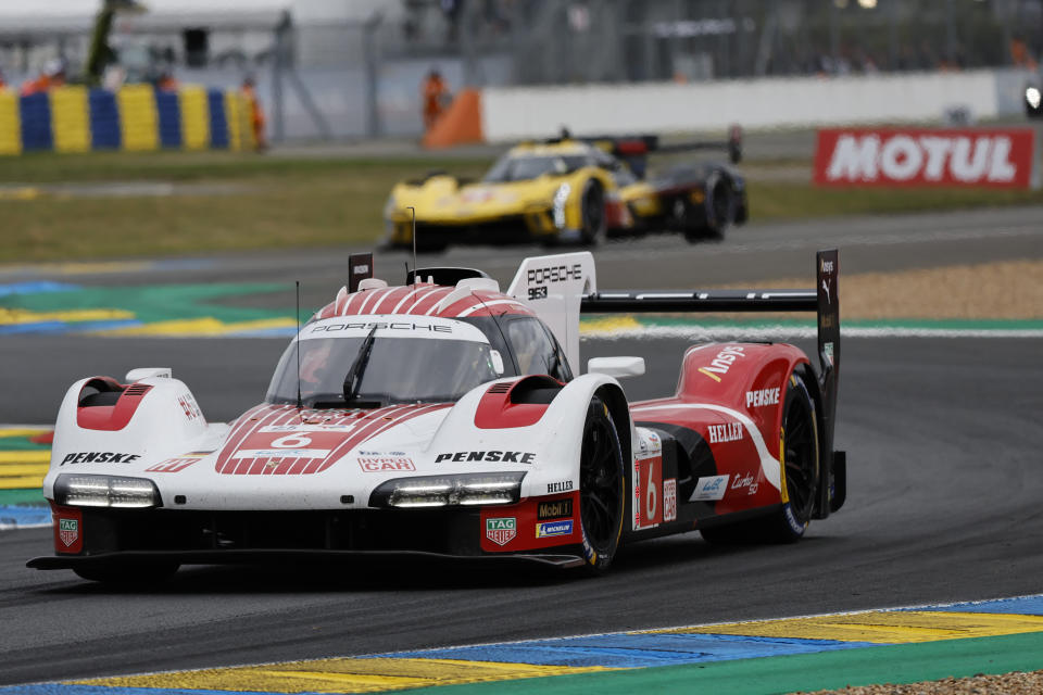 Porsche Penske Motorsport team car driven by France's Kévin Estre, Germany's André Lotterer and Belgium's Laurens Vanthoor races during the 24-hour Le Mans endurance race in Le Mans, western France, Saturday, June 15, 2024. (AP Photo/Jeremias Gonzales)