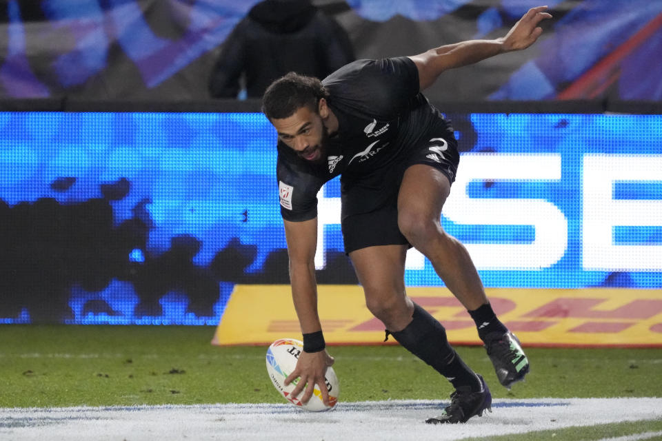 New Zealand's Brady Rush scores a try during the World Rugby Sevens Series final match against Argentina, Sunday, Feb. 26, 2023, in Carson, Calif. (AP Photo/Marcio Jose Sanchez)