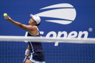 Ashleigh Barty, of Australia, serves to Vera Zvonareva, of Russia, during the first round of the US Open tennis championships, Tuesday, Aug. 31, 2021, in New York. (AP Photo/John Minchillo)