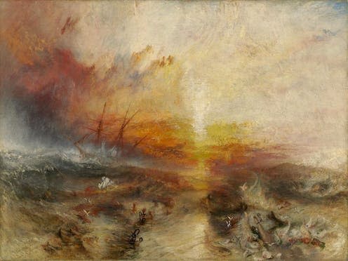 <span class="caption">The Slave Ship, by William Turner (1840): slavers throw overboard the dead and dying as a typhoon approaches.</span> <span class="attribution"><a class="link " href="https://upload.wikimedia.org/wikipedia/commons/2/26/Slave-ship.jpg" rel="nofollow noopener" target="_blank" data-ylk="slk:Wikimedia;elm:context_link;itc:0;sec:content-canvas">Wikimedia</a></span>
