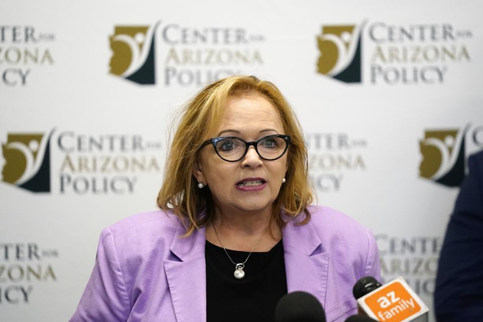 Center for Arizona Policy President Cathi Herrod Esq., speaks during a news conference after the Supreme Court decision to overturn the landmark Roe v. Wade abortion decision Friday, June 24, 2022, in Phoenix. (AP Photo/Ross D. Franklin)