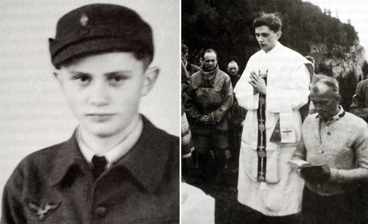 From left: Joseph Ratzinger as a German Air Force assistant in 1943 and as a young priest during mass in southern Germany, 1952.  (Getty Images file)
