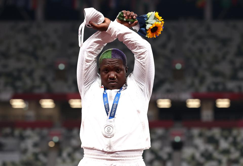 American shot-putter Raven Saunders raised her arms in an “X” gesture during her medal ceremony on Sunday night. (Getty Images)