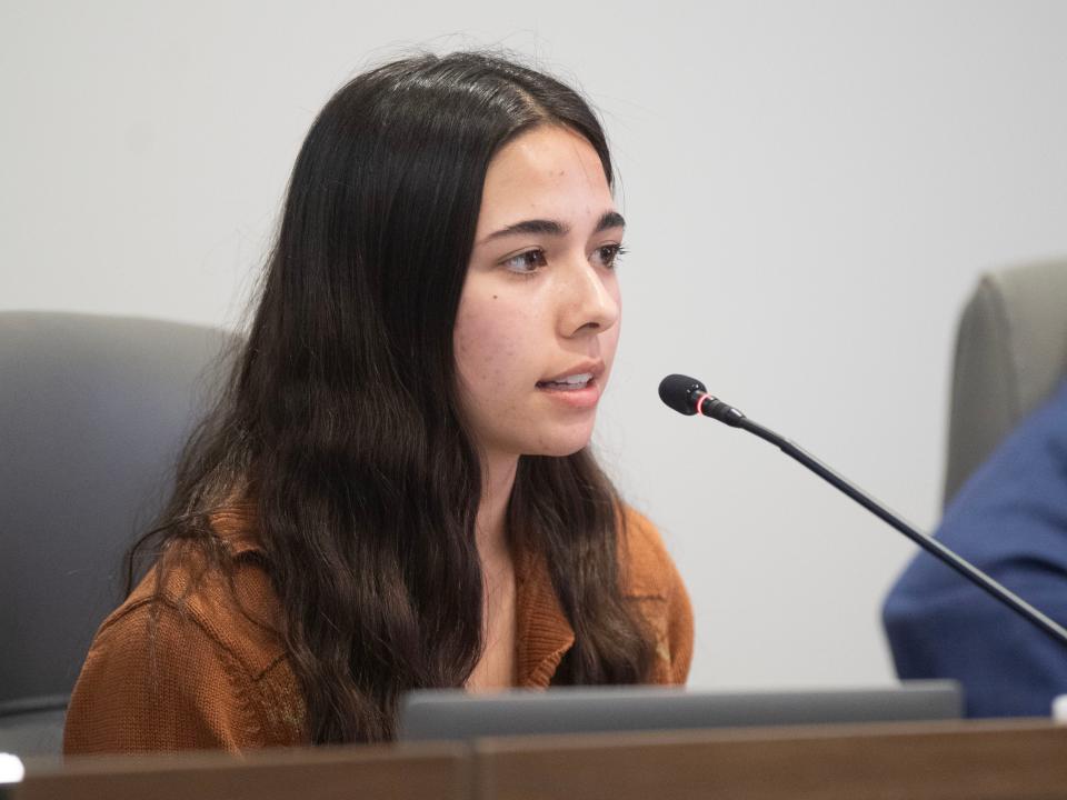 Knox County School Board student representative Celeste Urdal speaks out against Gov. Bill Lee's proposed school voucher program during a February school board meeting. Urdal's goal is to become a lawyer.