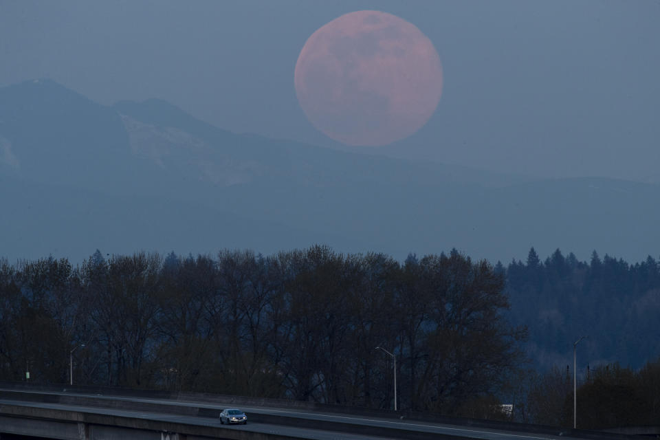 A lone car passes as the so-called pink supermoon rises, Tuesday, April 7, 2020, as seen from Tacoma, Wash. April's full moon coincides with it being the closest to earth during its orbit in the year 2020, but the moon is only called pink due to it appearing each year around the same time as the blooming of a wildflower native to eastern North America. (AP Photo/Ted S. Warren)