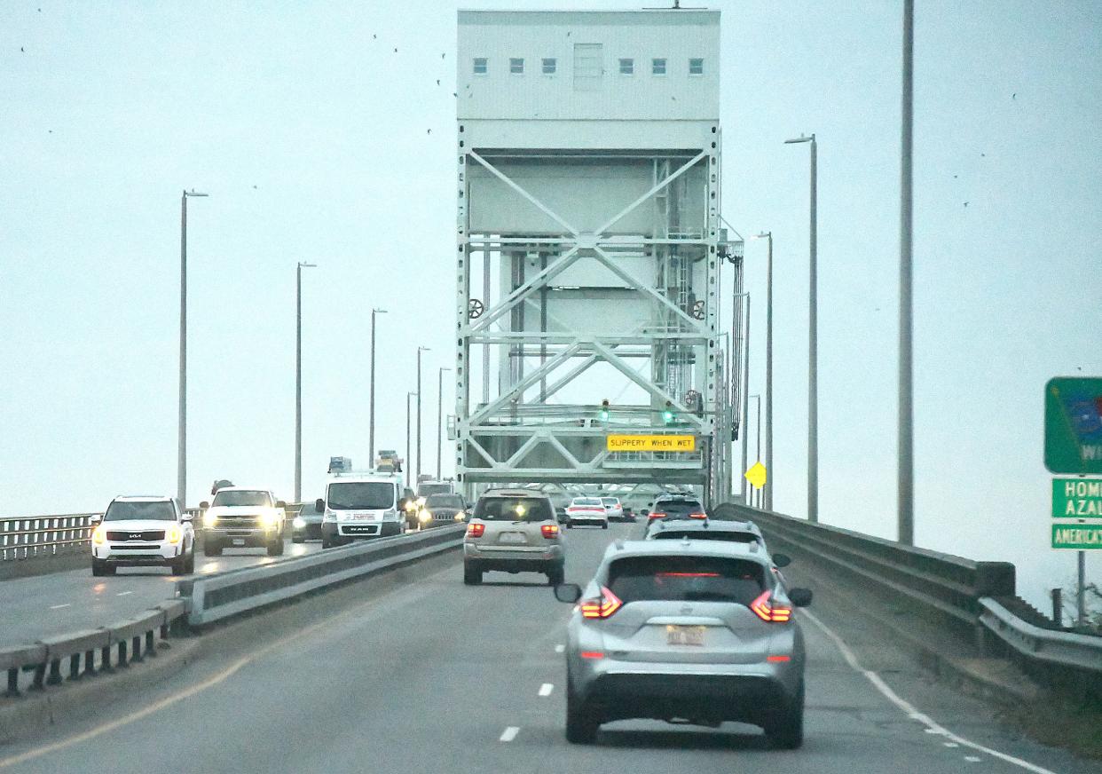 Traffic travels over the Cape Fear Memorial Bridge on Wednesday, March 27, 2024. The westbound lanes will close Monday night for the next step of the bridge preservation project. The westbound lanes are expected to reopen to traffic ahead of Memorial Day weekend.