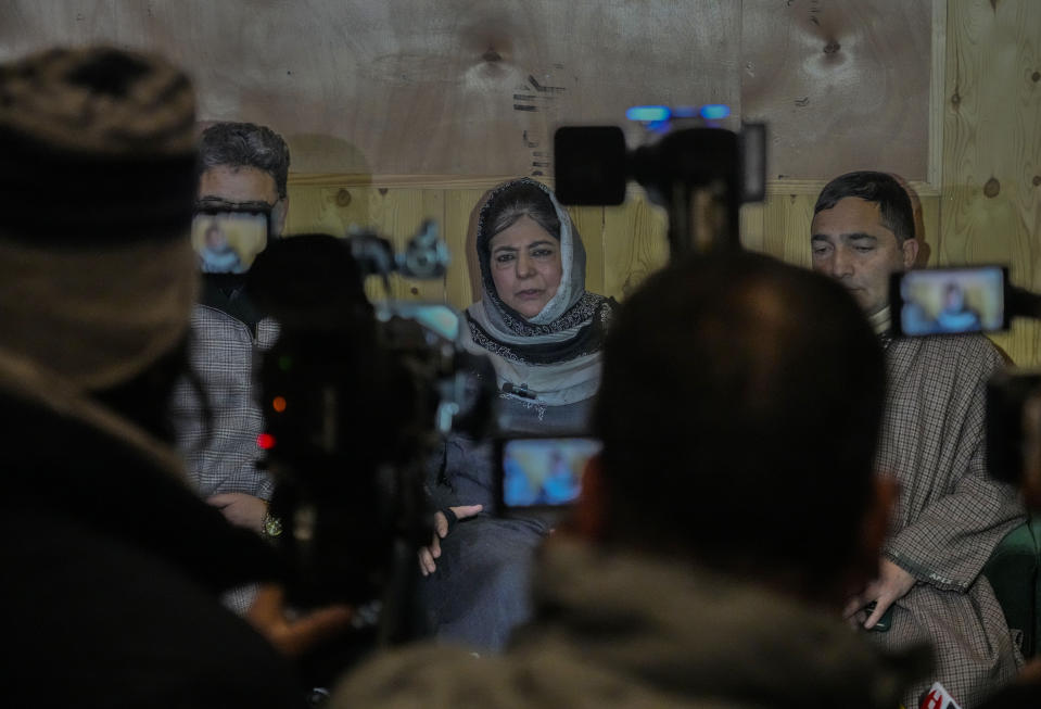 Jammu Kashmir Peoples Democratic Party (PDP) President Mehbooba Mufti speaks to the media during a press conference in Srinagar, Indian controlled Kashmir, Tuesday, Dec 23, 2023. Anger spread in some remote parts of Indian-controlled Kashmir after three civilians were killed while in army custody, officials and residents said Saturday. This comes two days after a militant ambush killed four soldiers. (AP Photo/Mukhtar Khan)