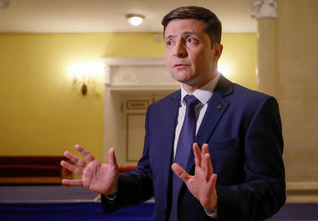 Volodymyr Zelenskiy, Ukrainian comedian and candidate in the upcoming presidential election, speaks to the media after taking part in a production process of "Servant of the People" series in Kiev, Ukraine March 6, 2019. Picture taken March 6, 2019. REUTERS/Valentyn Ogirenko