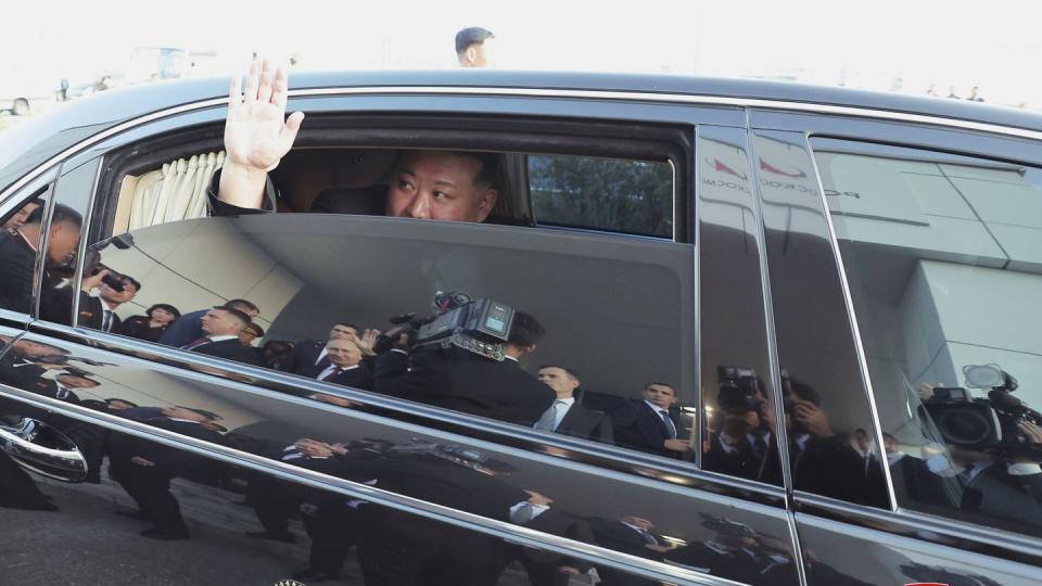 In this photo provided by the North Korean government, North Korean leader Kim Jong Un responds as Russian President Vladimir Putin sends him off from the Vostochny cosmodrome outside the city of Tsiolkovsky, about 200 kilometers (125 miles) from the city of Blagoveshchensk in the far eastern Amur region, Russia, Wednesday, Sept. 13, 2023. The content of this image is as provided and cannot be independently verified. (Korean Central News Agency/Korea News Service via AP)