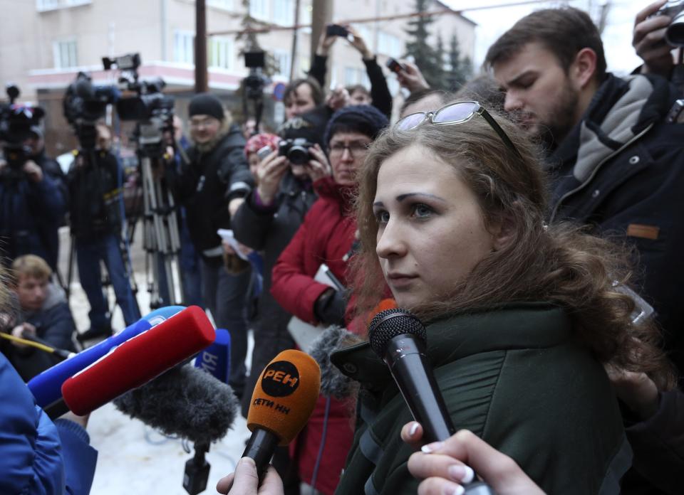 Alyokhina, member of Russian punk band Pussy Riot, speaks to the media after her release from a penal colony in Nizhny Novgorod