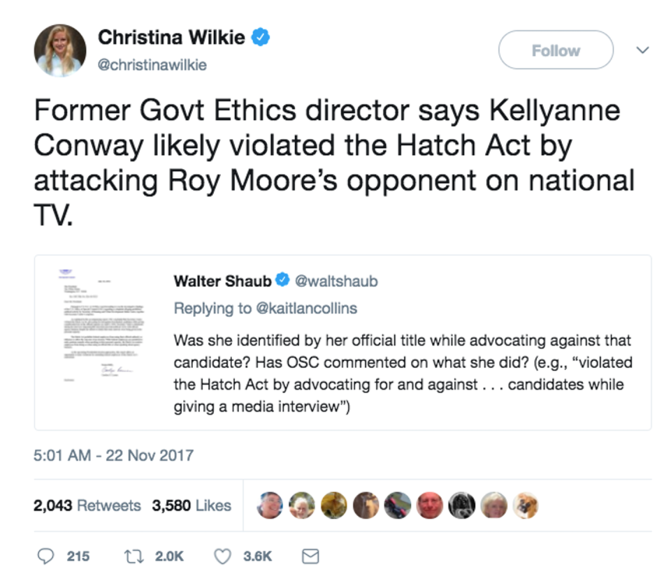 <span class="caption">CNBC reporter Christina Wilkie’s tweet about Kellyanne Conway’s attack on a Democratic political candidate; Conway was found to have violated the Hatch Act.</span> <span class="attribution"><span class="source">Twitter</span></span>