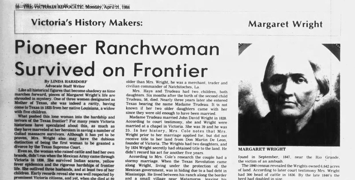 An article from the Victoria Advocate on April 21, 1986, on Margaret Wright, whom Sam Houston referred to as "Mother of Texas" in a gubernatorial speech.