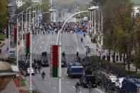 Belarusian opposition supporters hold a rally in Minsk