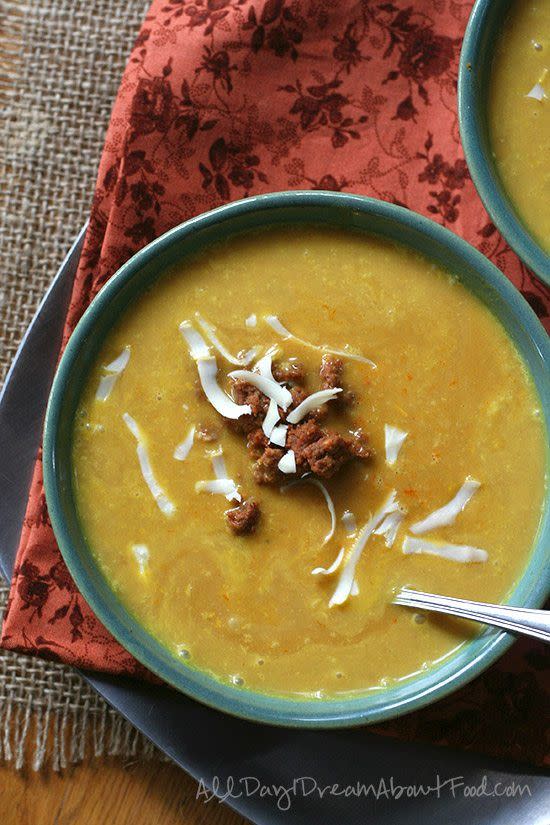 <p>A warm bowl of pumpkin cheddar soup is the perfect low carb, keto soup for Thanksgiving dinner, and this creamy recipe from <a href="https://alldayidreamaboutfood.com/low-carb-southwestern-pumpkin-cheddar-soup/" rel="nofollow noopener" target="_blank" data-ylk="slk:All Day I Dream About Food;elm:context_link;itc:0;sec:content-canvas" class="link ">All Day I Dream About Food</a> can be easily made in the slow cooker or on a stovetop for the holiday. Some chorizo adds heat and spice.</p>