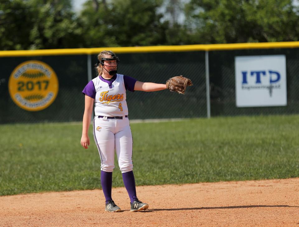 Hagerstown senior Tori Kelley directs traffic at shortstop during a game against Northeastern May 12, 2022.