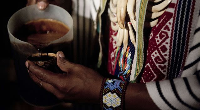 A healer starting a Yage ceremony in La Calera, Cundinamarca department, Colombia. Source: Getty