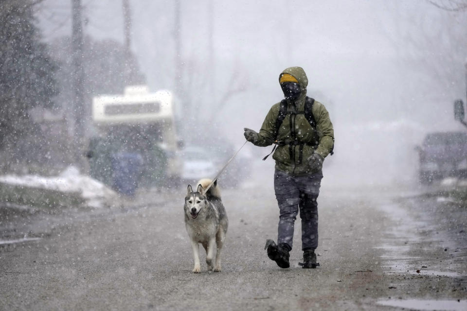 A resident walks his dog in the falling snow Wednesday, March 1, 2023, in Elizabeth Lake, Calif., about 70 miles north of Los Angeles. (AP Photo/Marcio Jose Sanchez)