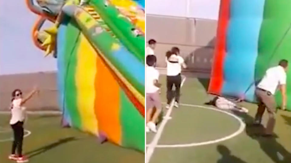A woman points up to the deflating slide, before (right) a little girl falls off. Source: CEN/Australscope