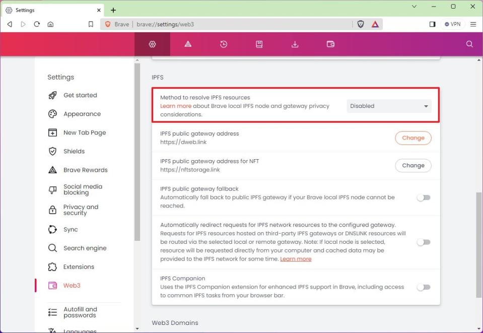 Brave disable IPFS