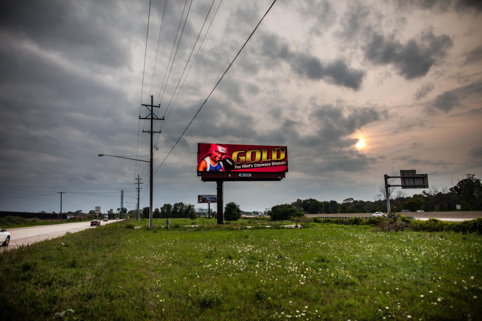 <p>For the month after she won the Gold Medal at the 2012 Olympic Games, an electronic billboard in Flint, Michigan announced its support for Claressa âT-Rexâ Shields, August 2012. Shields is a true hero in Flint and even three years after she won her historic medal, there are new murals and signs up with her name on it all over the city. (Photograph by Zackary Canepari) </p>