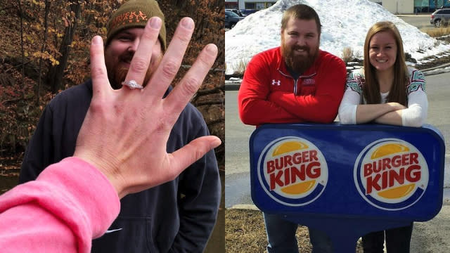 <strong>Joel Burger</strong>, 24, and <strong>Ashley King</strong>, 23, met as kindergarteners in New Berlin, Ill. But it wasn’t until fifth grade that they realized their combined nickname was a real whopper (sorry). The two had helped plan a school assembly and, as King recalled to <em>The State Journal Register,</em> “After the man was finished with his motivational speech, he asked the two fifth grade [student council] representatives to stand up.” She continued, “As soon as he said, ‘Joel Burger and Ashley King,’ he started to laugh out loud and pronounced we were ‘Burger King’" <strong> NEWS: This Internet fell in love with this random girl named Beyoncé</strong> Facebook The name stuck and the two stayed friends, even going to homecoming and prom together, before they actually started dating in college. Now, they are engaged and will combine their last names, so they’ll officially be pronounced Mr. and Mrs. Burger-King. “We have yet to escape the teasing,” King says. “But we have fully embraced our nickname.” As is proven by their engagement announcement photo: Taken in front of a Burger King sign. (For the record, Burger didn’t propose to King at a Burger King. Missed opportunity, in our humble opinion.) <strong> NEWS: McDonald’s is starting its own fashion line with Big Mac leggings!</strong> The teasing is probably a little easier to handle now that Burger King -- the chain -- has offered to pick up the tab for their wedding! After the couple’s engagement announcement went viral, a B.K. spokesperson Skyped the couple to congratulate them and surprise them with the big news. Skype "When we heard about the happy Burger-King couple, we felt an overwhelming urge to celebrate their upcoming marriage," Burger King spokesperson <strong>Eric Hirschhorn</strong> told <em>State Journal</em>. "On so many levels it felt like fate; they found each other and their story found us." Facebook “All we ask in return is that they live happily ever after,” Burger King explained. “And maybe name their first child Chicken Fry.” Here’s hoping that creepy Burger King guy with the mask doesn’t RSVP. And here’s another adorable engagement story: A man proposed to his soon-to-be bride during a Q&A with Ryan Gosling!