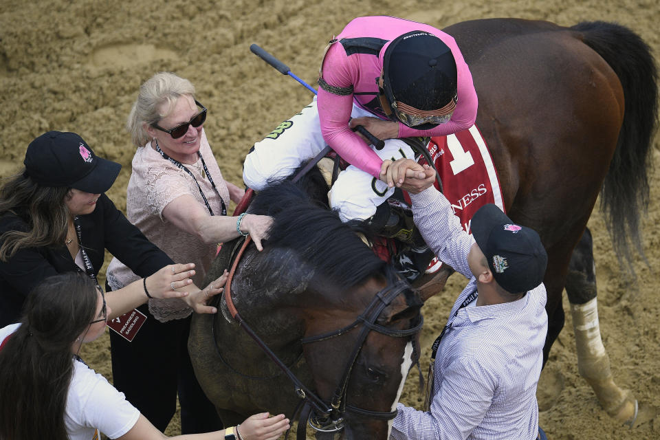 Jockey Tyler Gaffalione celebrates aboard War of Will after winning the Preakness Stakes horse race at Pimlico Race Course, Saturday, May 18, 2019, in Baltimore. (AP Photo/Nick Wass)