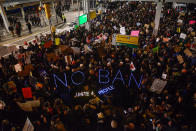 <p>JAN. 28, 2017 – Protestors rally during a demonstration against the Muslim immigration ban at John F. Kennedy International Airport in New York City. President Trump signed the controversial executive order that halted refugees and residents from predominantly Muslim countries from entering the United States. (Photo: Stephanie Keith/Getty Images) </p>