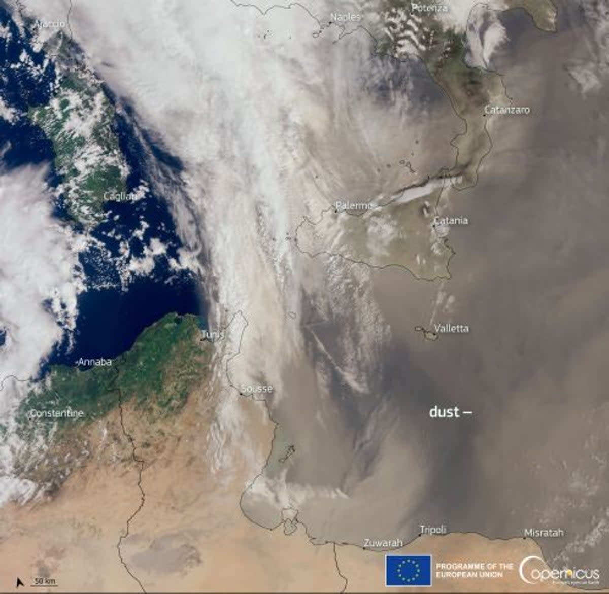 EU monitoring service, Copernicus issued an image from the Sentinel-3 satellite show the dust cloud hovering over southern Italy, Malta, Greece, Libya, and Tunisia (Copernicus)