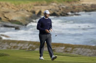 Patrick Cantlay walks toward the 18th green at Pebble Beach Golf Links during the second round of the AT&T Pebble Beach National Pro-Am golf tournament in Pebble Beach, Calif., Friday, Feb. 2, 2024. (AP Photo/Eric Risberg)