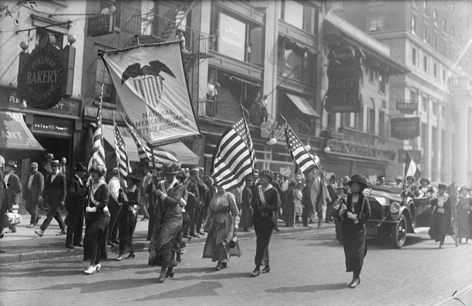 Members of the National American Woman Suffrage Association marching from Pennsylvania Terminal to their headquarters on Aug. 28, 1920, after welcoming home Carrie Chapman Catt, president of the Association, on her arrival from Tennessee. | Bettmann Archive