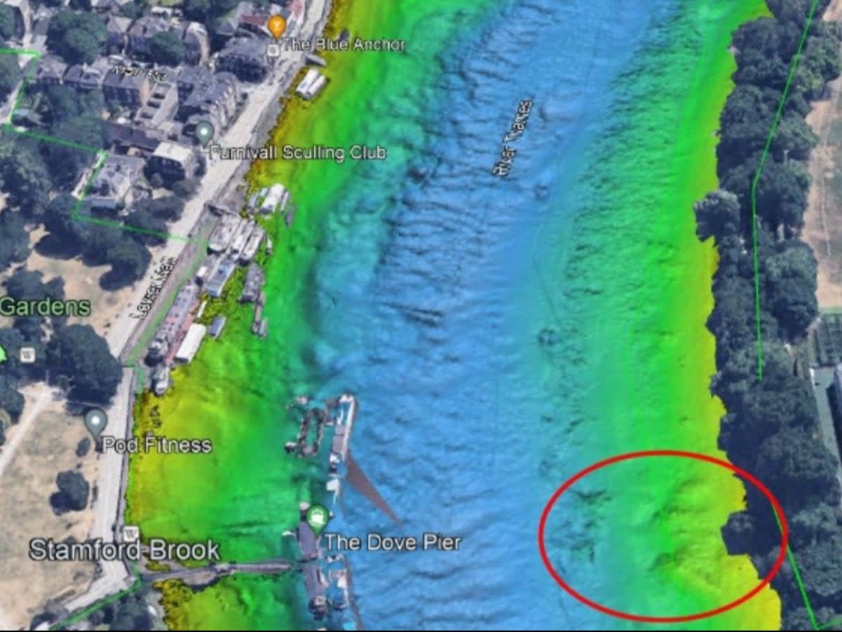 Location of a huge fatberg mostly made up of wet wipes on a laser-scan image of the River Thames near Hammersmith  (Thames 21)