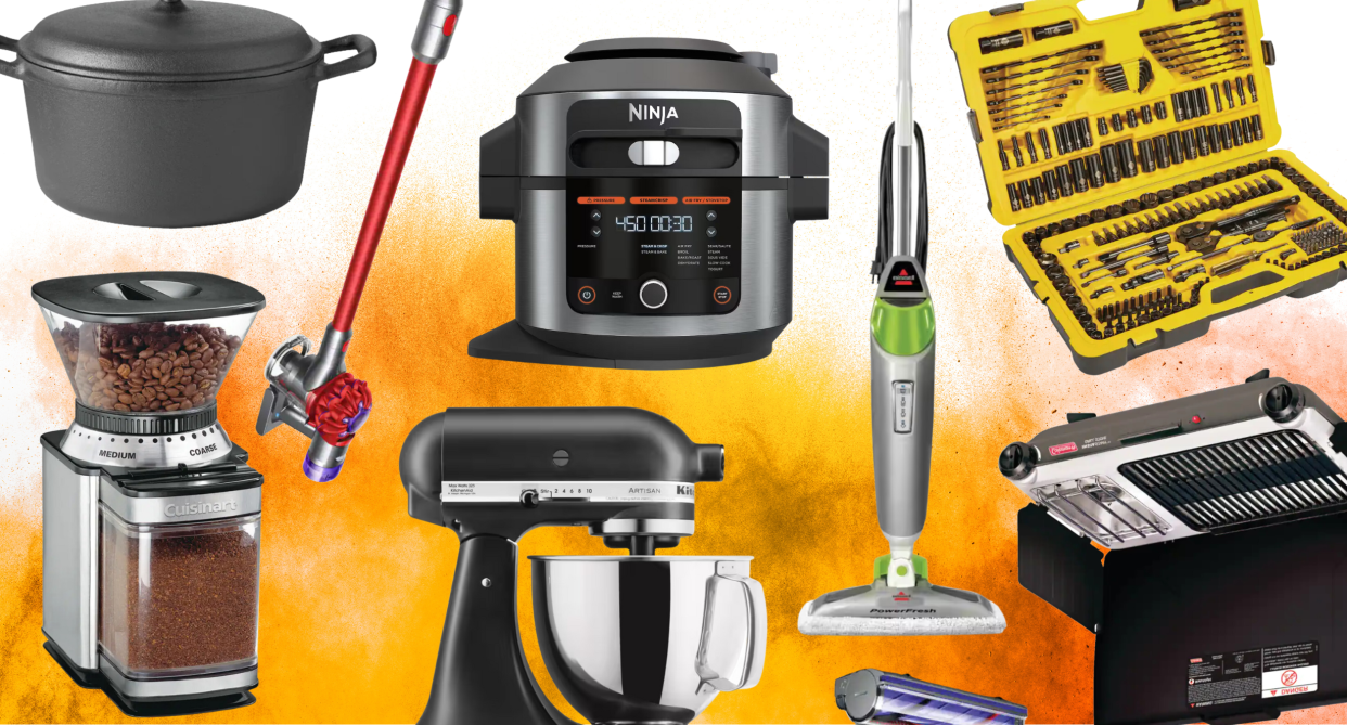 collage of canadian tire deals, dyson vacuum, bissell mop, ninja pressure cooker, kitchenaid mixer, portable camping stove, coffee grinder