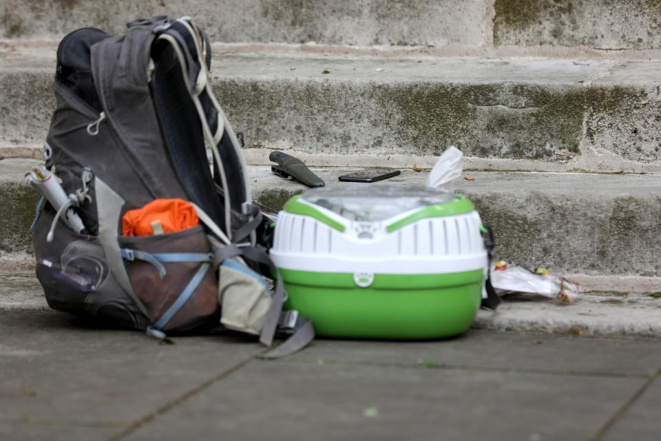 A general view of belongings inspected by forensic experts on St John's Smith Square, after a stabbing incident near the Home Office, in London, Britain August 15, 2019. REUTERS/Simon Dawson