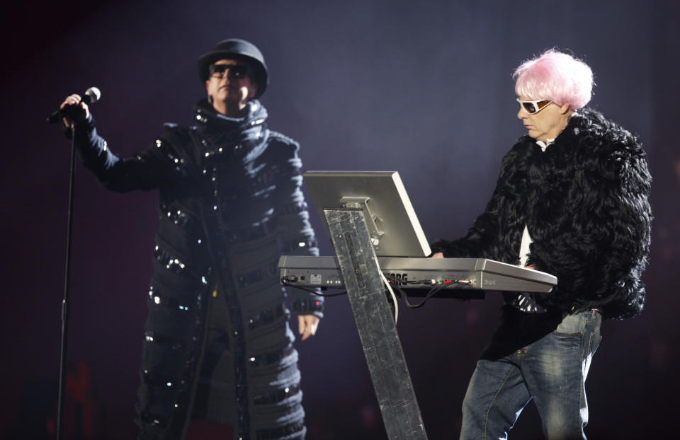 FILE British band The Pet Shop Boys, Neil Tennant, left, and Chris Lowe perform after receiving The Oustanding Contribution To Music award at the Brit Awards 2009 at Earls Court exhibition centre in London, England, Wednesday, Feb. 18, 2009. Forty years and 50 million record sales after the Pet Shop Boys rose to fame with “West End Girls,” the iconic British duo is releasing a new album. “Nonetheless” is their 15th studio album. It arrives Friday, April 26, 2024. (AP Photo/MJ Kim, File)