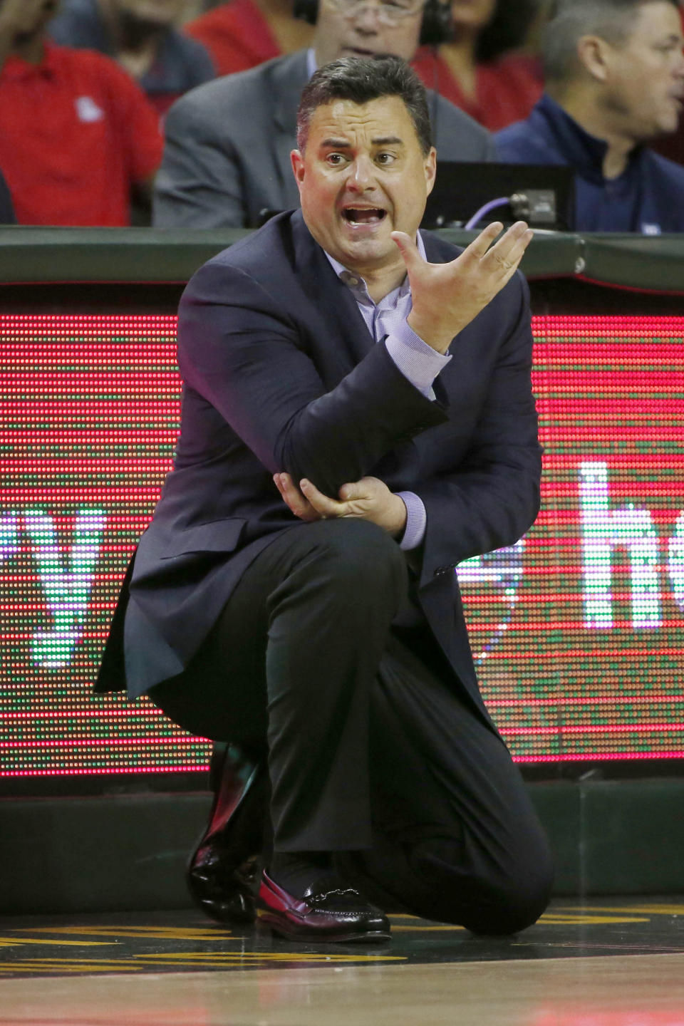 Arizona head coach Sean Miller reacts to a call during the first half of an NCAA college basketball game against Baylor in Waco, Texas, Saturday, Dec. 7, 2019. (AP Photo/Michael Ainsworth)