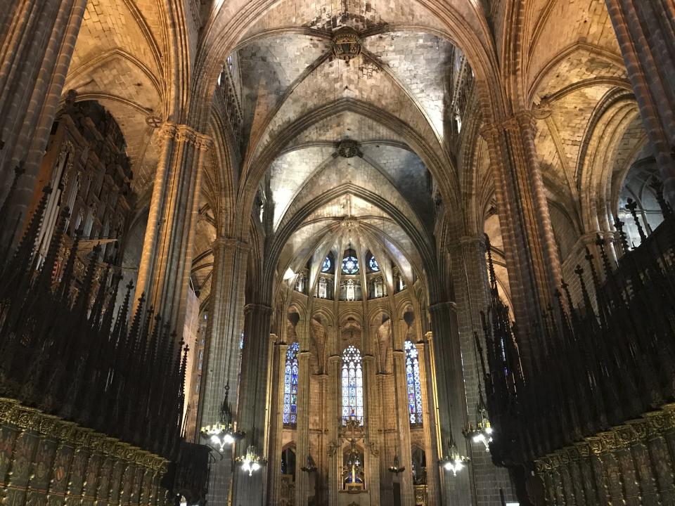 This Oct. 7, 2019 photo shows the interior of Barcelona Cathedral in the Gothic Quarter of Barcelona, Spain. If you’re taking a solo trip for the first time, a European city like Barcelona is a good place to start. The city is dynamic, the streets and cafes are always packed, it’s safe to walk around at night and people mostly speak English. (Courtney Bonnell via AP)