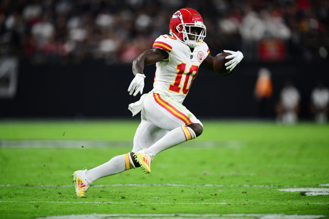 Kansas City Chiefs wide receiver Tyreek Hill wears a jersey and shoulder  patch to mark Salute to Service, before an NFL football game against the  Arizona Cardinals in Kansas City, Mo., Sunday