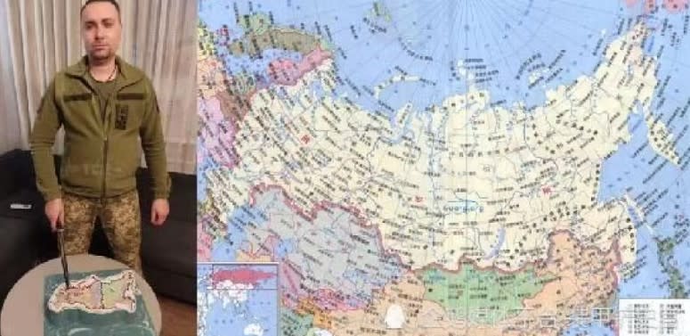 烏克蘭情報部門負責人在前線過生日，蛋糕疑似仿俄羅斯國土圖案，要把烏克蘭被俄佔領地與俄切開。   圖:翻攝自騰訊企鵝號/裝甲鏟史官
