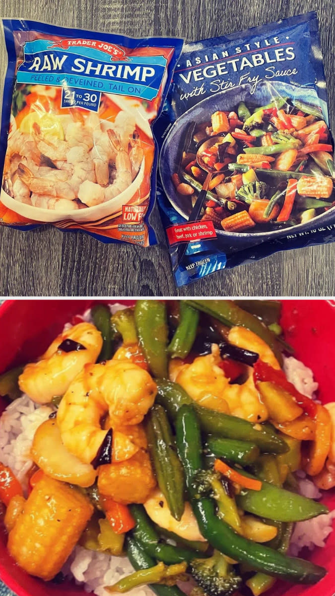 trader joe's bag of shrimp and asian style vegetables bag, and an after shot of the shrimp and veggies in a bowl