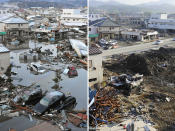 Los autos quedaron sumergidos en medio de un área residencial tras el paso del tsunami por la Prefectura de Miyagi. (AP/Kyodo News)