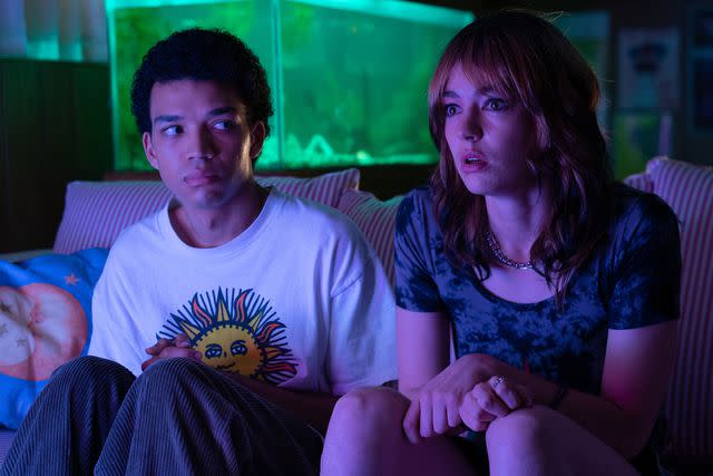 <p>Courtesy of A24</p> From Left: Justice Smith and Brigette Lundy-Paine in 'I Saw the TV Glow'